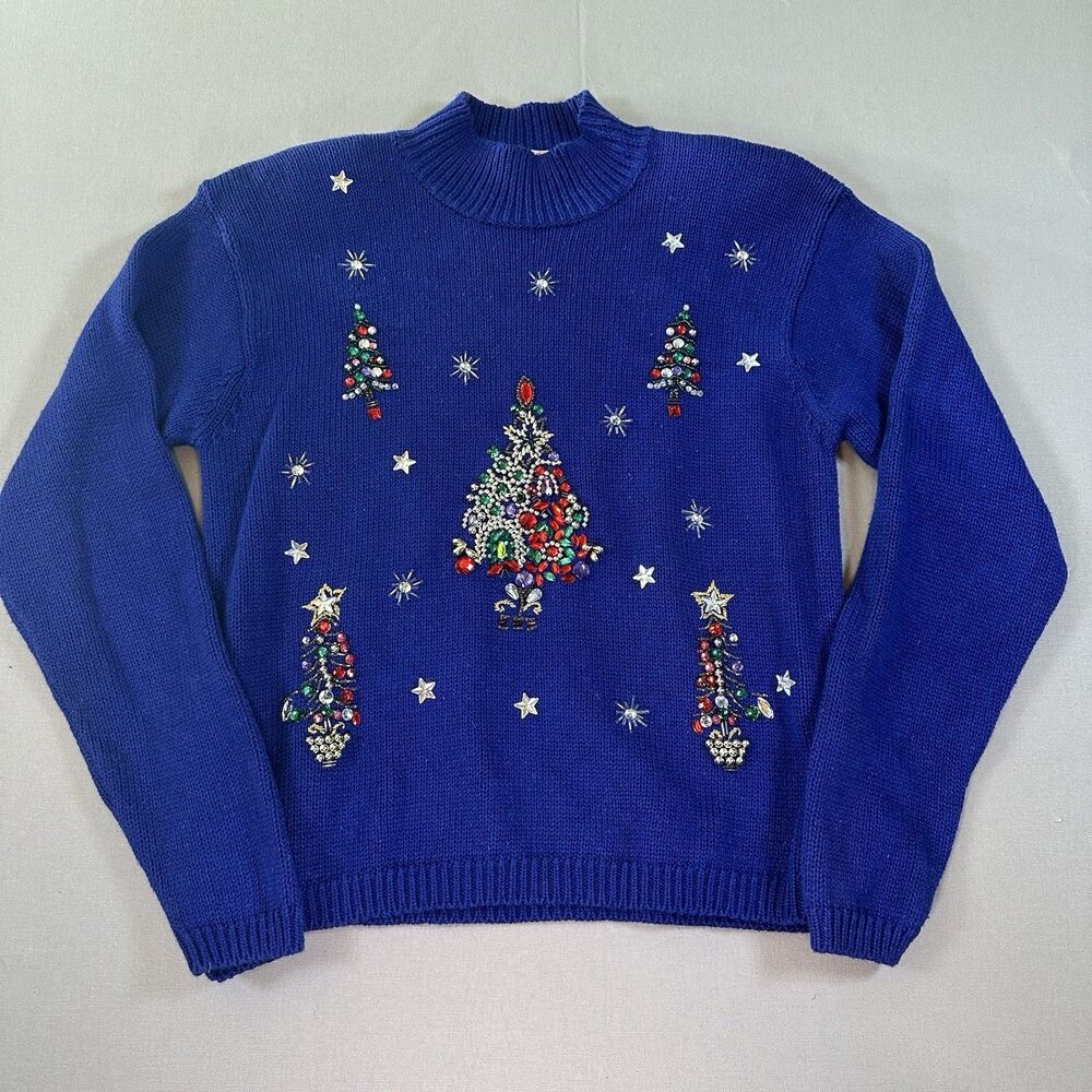 Vintage Karen Scott Women’s Medium Blue Embellished Christmas Sweater